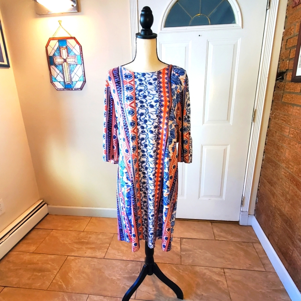 Alexandra & Oak Floral  Dress Bell Sleeves Blue an Orange size Large